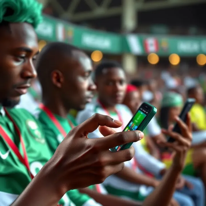 A Nigerian football fan engaging with digital content on a smartphone, showing live updates of the Super Eagles match