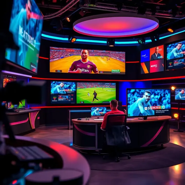 Vibrant broadcast studio with dynamic sports graphics and live commentary setup